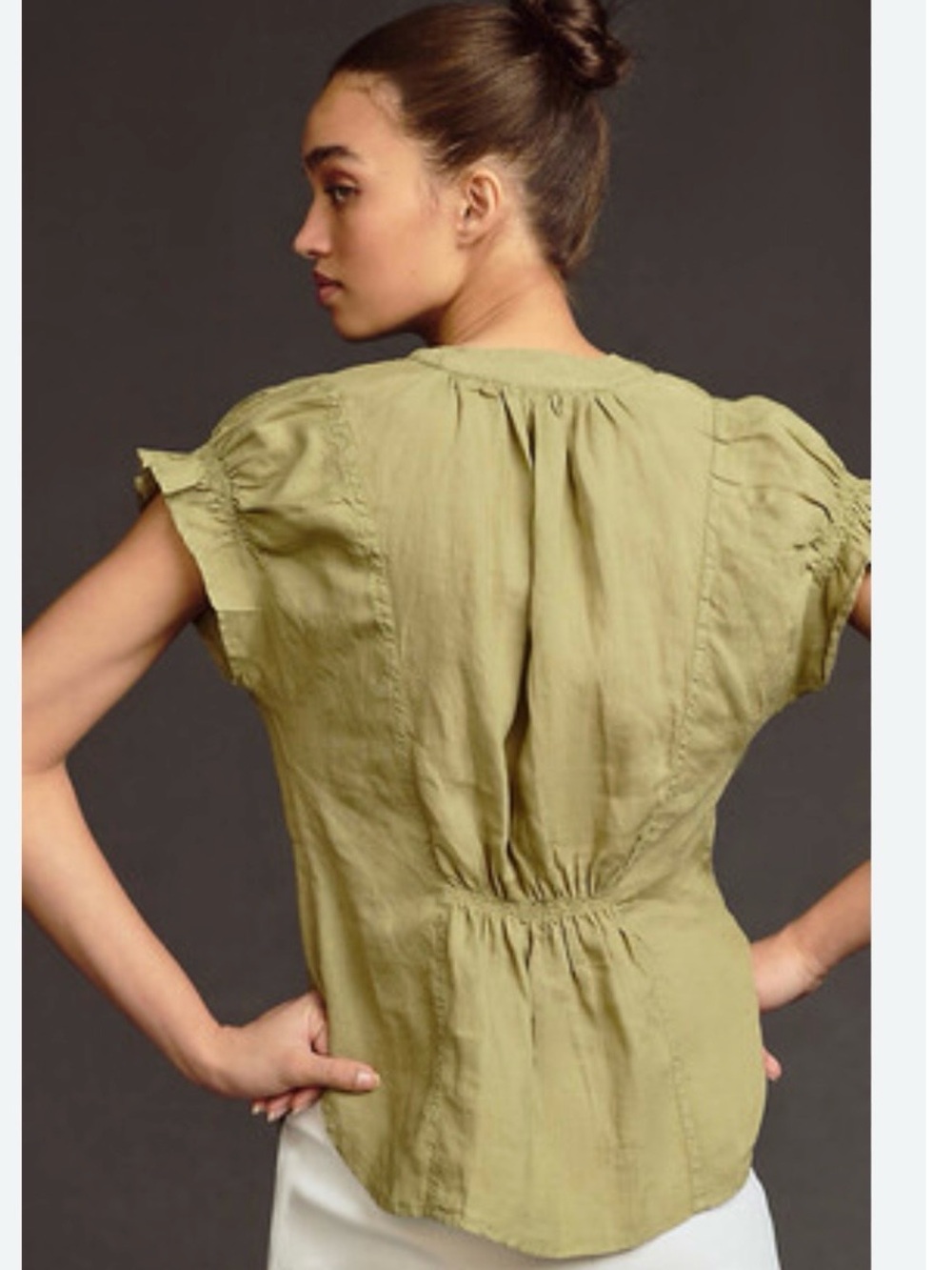 Anthropologie Olive Green Short Sleeve Split-Neck Blouse - Picture 5 of 10